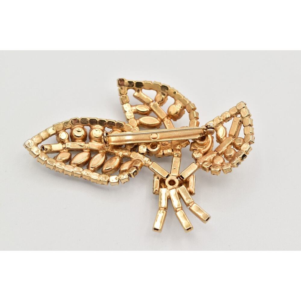 Vintage Crystal Leaf Pin Brooch Aurora Borealis Rhinestone Baguette Gold BinAL - Picture 11 of 12